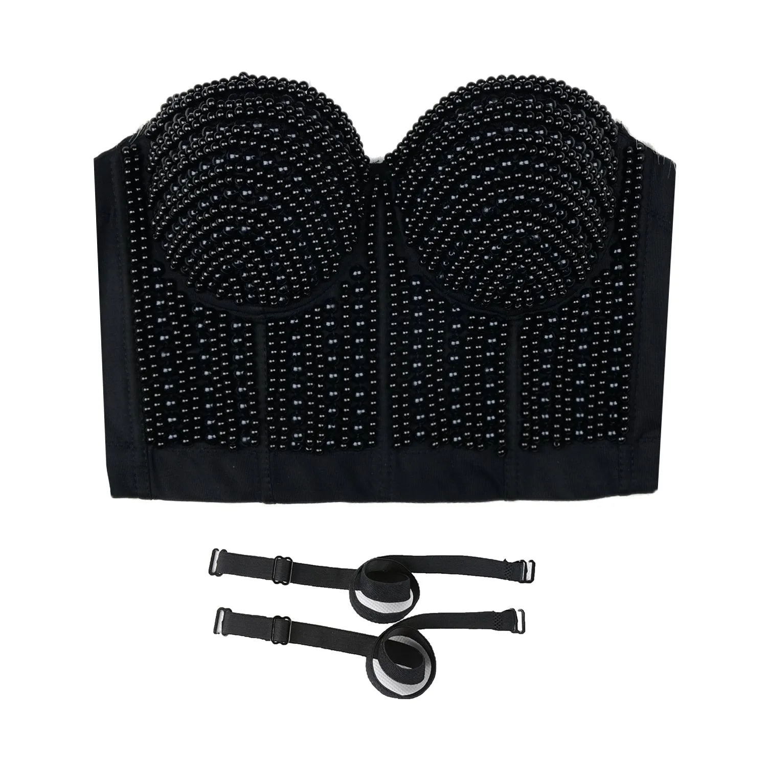 Woment's Pearls Beaded Bustier Crop Top Club Party Sexy Corset Top Bra Black