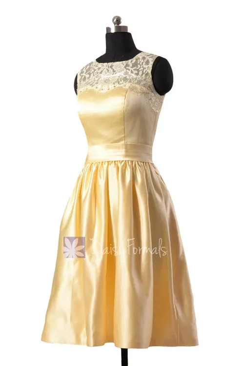 Yellow Satin Bridesmaid Dress Short Beaded Lace Formal Dress W/Illusion Neckline(BM2422A)